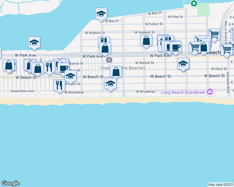 map of restaurants, bars, coffee shops, grocery stores, and more near 530 West Broadway in Long Beach