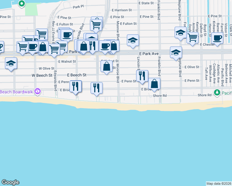 map of restaurants, bars, coffee shops, grocery stores, and more near 271 Shore Road in Long Beach