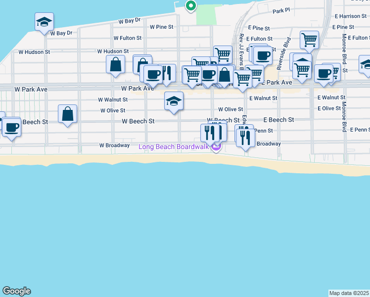 map of restaurants, bars, coffee shops, grocery stores, and more near 170 West Broadway in Long Beach