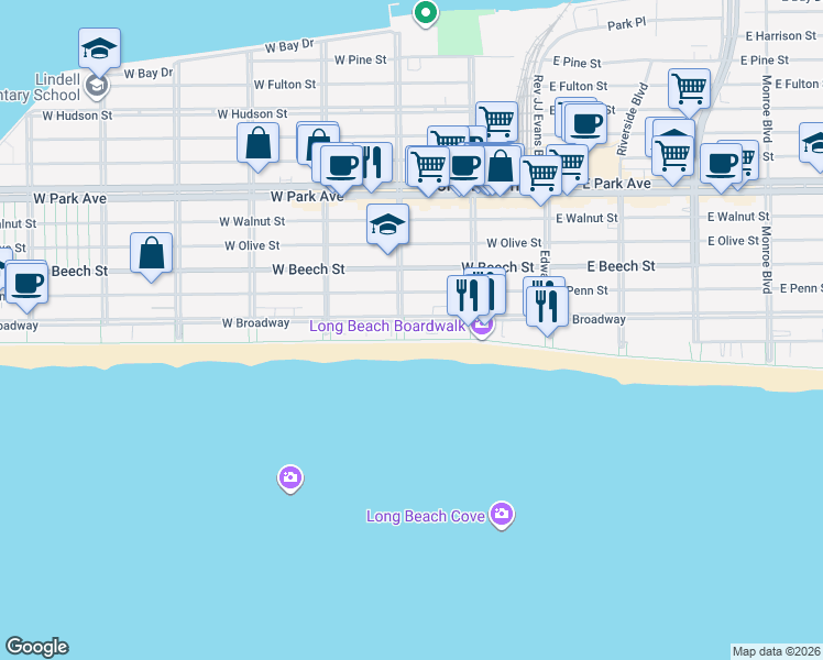 map of restaurants, bars, coffee shops, grocery stores, and more near 431-401 Oceanfront in Long Beach