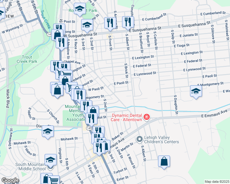 map of restaurants, bars, coffee shops, grocery stores, and more near Front Street in Allentown