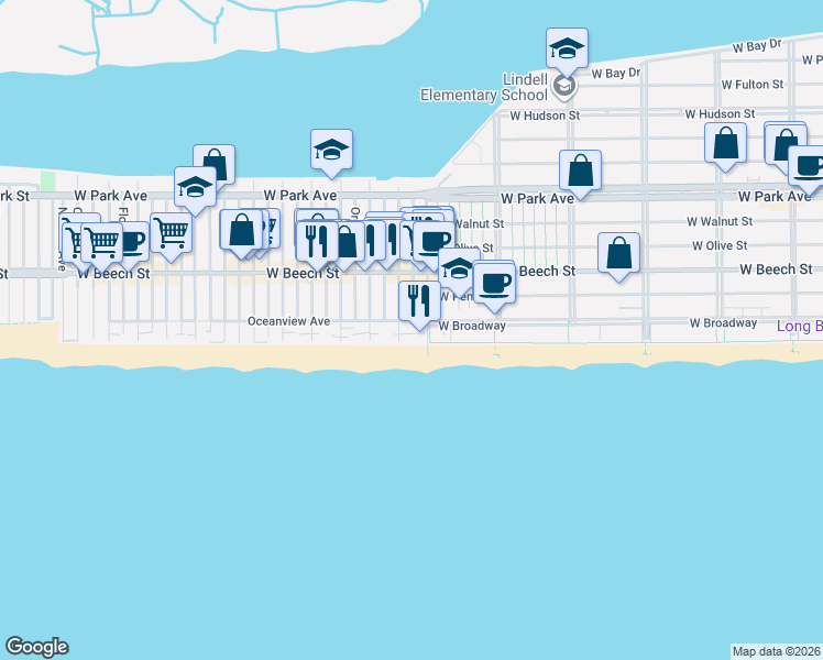 map of restaurants, bars, coffee shops, grocery stores, and more near 4 Pennsylvania Court in Long Beach