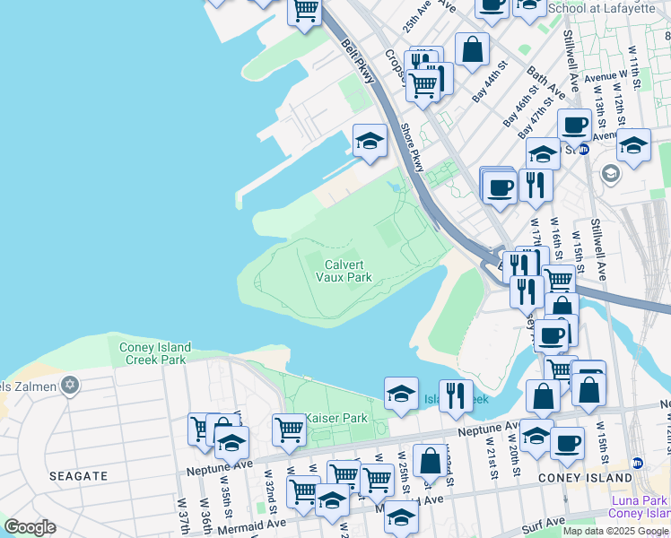 map of restaurants, bars, coffee shops, grocery stores, and more near 2000 Shore Parkway in Brooklyn