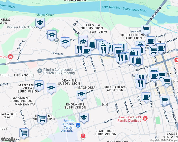 map of restaurants, bars, coffee shops, grocery stores, and more near 2228 Shasta Street in Redding