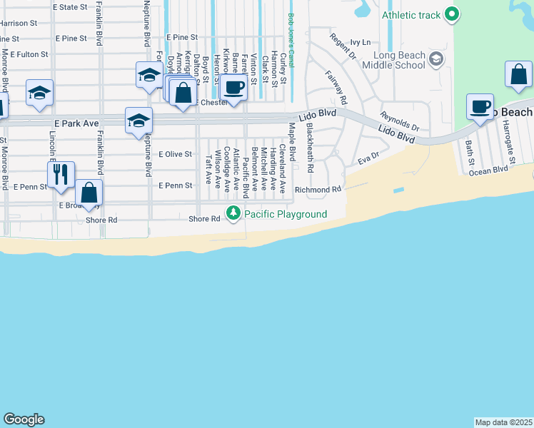 map of restaurants, bars, coffee shops, grocery stores, and more near 71 Harding Avenue in Long Beach