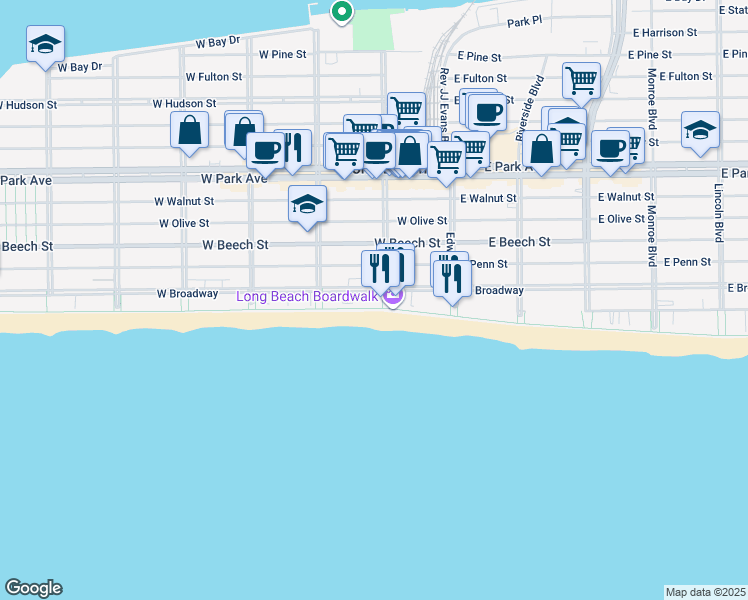 map of restaurants, bars, coffee shops, grocery stores, and more near 100 West Broadway in Long Beach