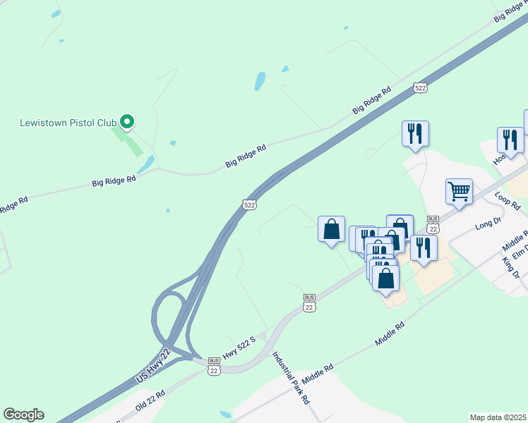 map of restaurants, bars, coffee shops, grocery stores, and more near 221 Cliffside Drive in Lewistown
