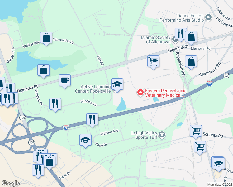 map of restaurants, bars, coffee shops, grocery stores, and more near 7200 Windsor Dr in Allentown