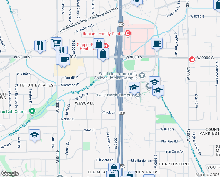 map of restaurants, bars, coffee shops, grocery stores, and more near 9193 Judd Lane in West Jordan