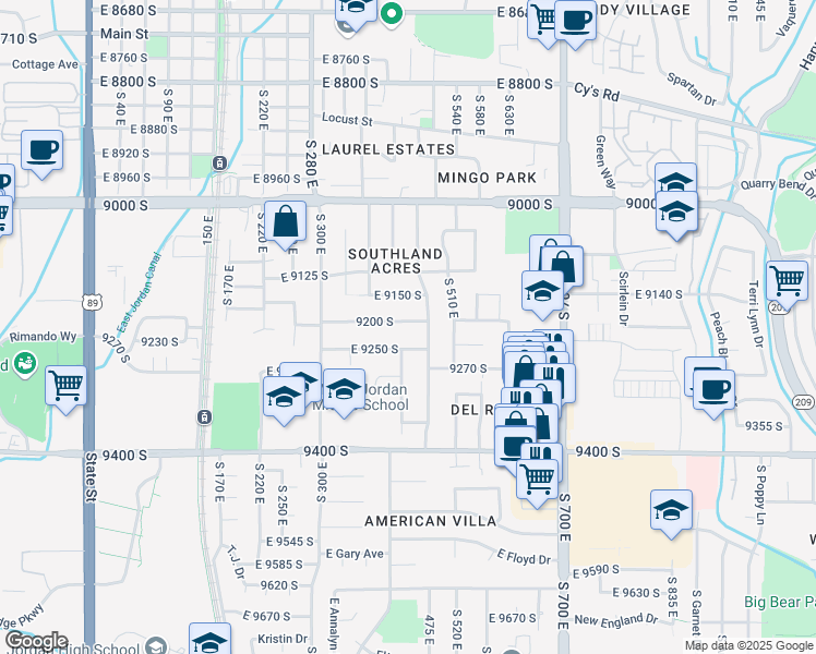map of restaurants, bars, coffee shops, grocery stores, and more near 446 East Mountain View Drive in Sandy
