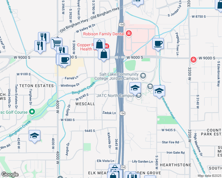 map of restaurants, bars, coffee shops, grocery stores, and more near 9193 Judd Lane in West Jordan