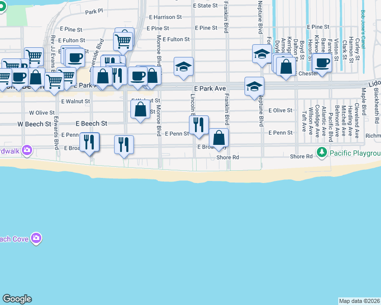 map of restaurants, bars, coffee shops, grocery stores, and more near 365 Shore Road in Long Beach
