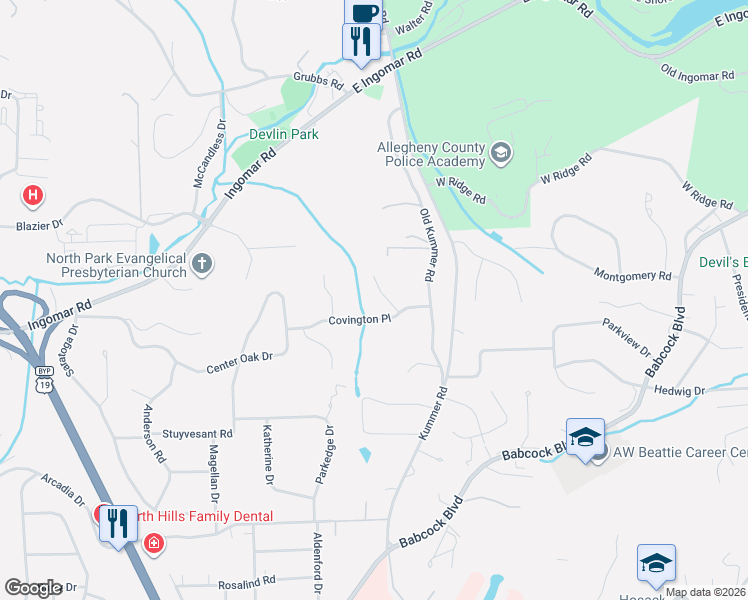 map of restaurants, bars, coffee shops, grocery stores, and more near 1037 Covington Place in McCandless