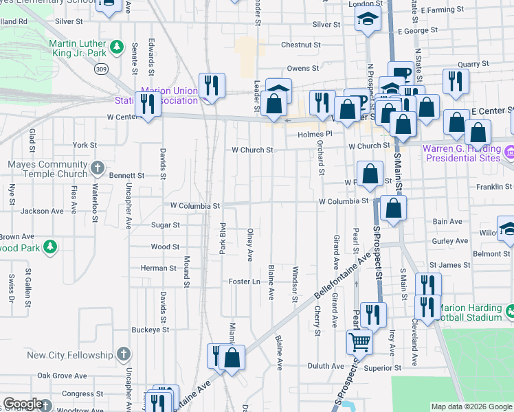 map of restaurants, bars, coffee shops, grocery stores, and more near 316 Olney Avenue in Marion