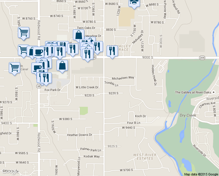 map of restaurants, bars, coffee shops, grocery stores, and more near 9173 South 1300 West in West Jordan