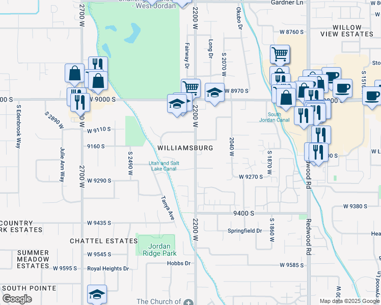 map of restaurants, bars, coffee shops, grocery stores, and more near 2223 Williamsburg Circle in West Jordan