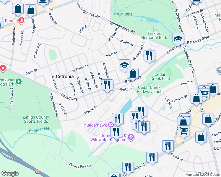 map of restaurants, bars, coffee shops, grocery stores, and more near 3736 Broadway in Allentown