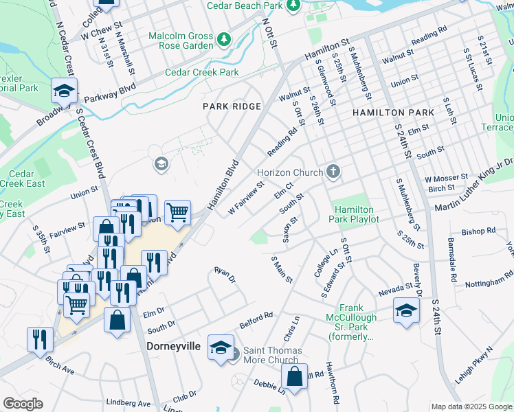 map of restaurants, bars, coffee shops, grocery stores, and more near 2825 South Street in Allentown