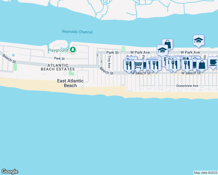 map of restaurants, bars, coffee shops, grocery stores, and more near 17 Troy Avenue in East Atlantic Beach