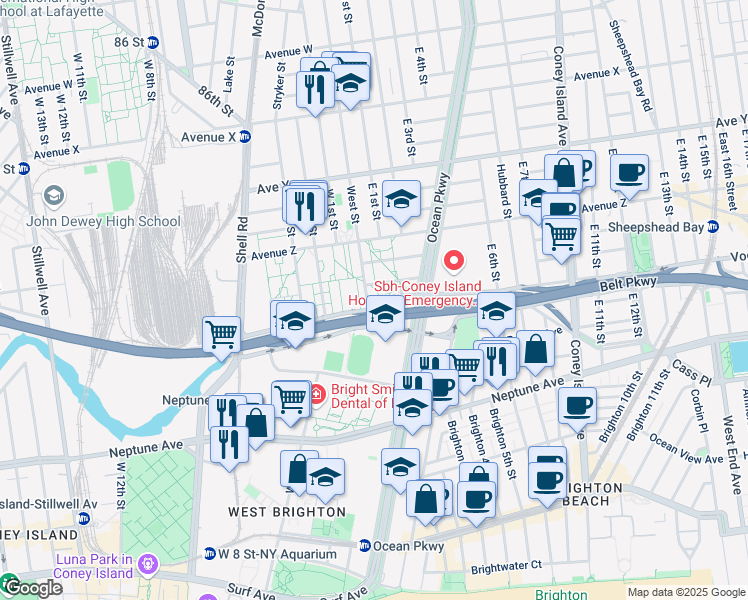 map of restaurants, bars, coffee shops, grocery stores, and more near 2615 Shore Parkway in Brooklyn