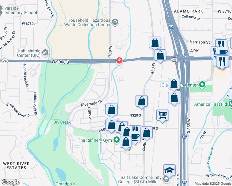 map of restaurants, bars, coffee shops, grocery stores, and more near 623 West Jefferson Place in Sandy