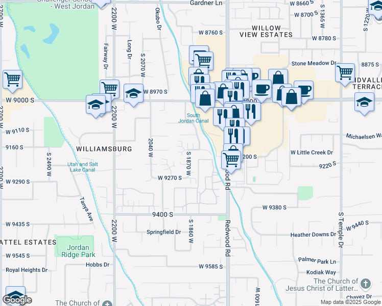 map of restaurants, bars, coffee shops, grocery stores, and more near 1956 West 9170 South in West Jordan