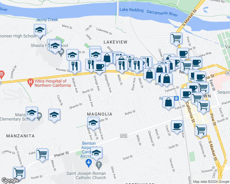 map of restaurants, bars, coffee shops, grocery stores, and more near 2149 Shasta Street in Redding