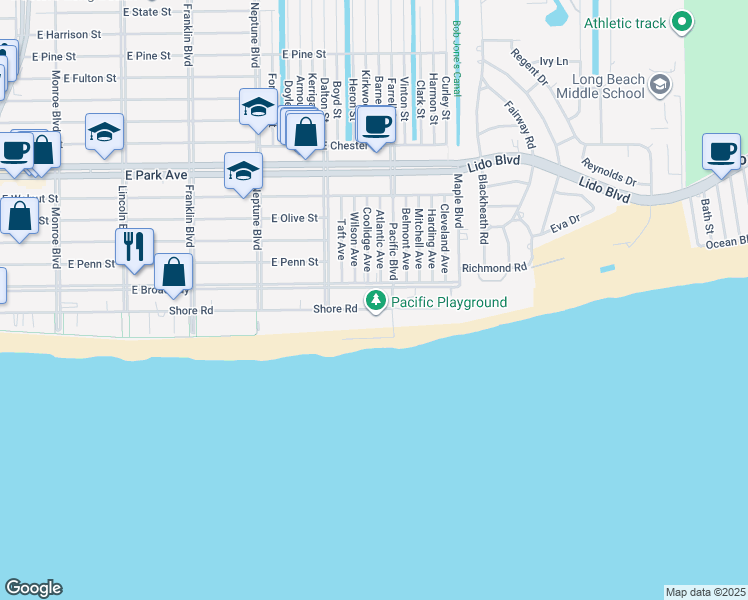 map of restaurants, bars, coffee shops, grocery stores, and more near 750 Shore Road in Long Beach
