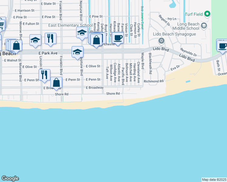 map of restaurants, bars, coffee shops, grocery stores, and more near 750 Shore Road in Long Beach