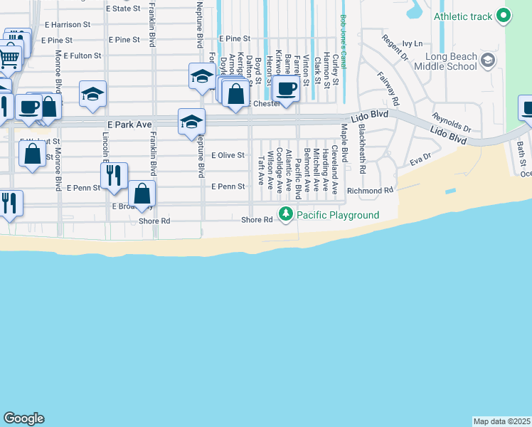 map of restaurants, bars, coffee shops, grocery stores, and more near 750 Shore Road in Long Beach