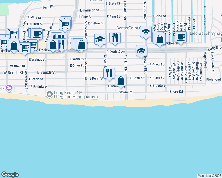 map of restaurants, bars, coffee shops, grocery stores, and more near 420s Shore Road in Long Beach