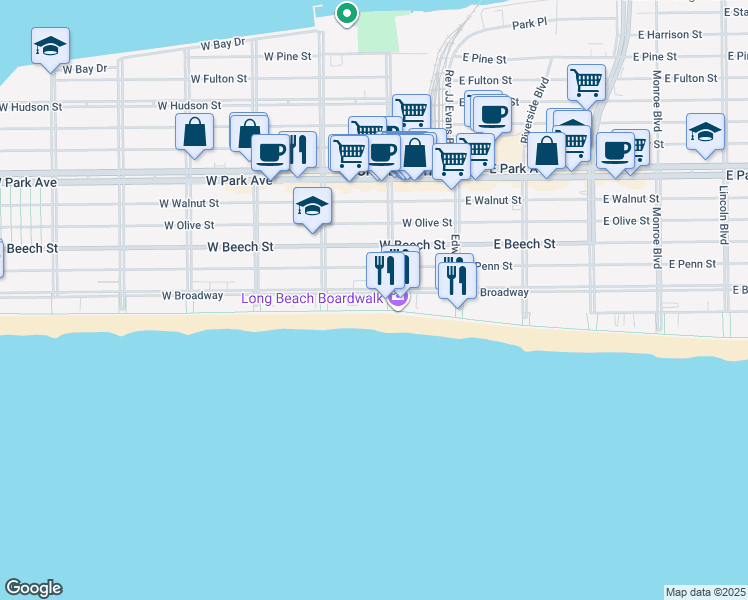 map of restaurants, bars, coffee shops, grocery stores, and more near 100 West Broadway in Long Beach