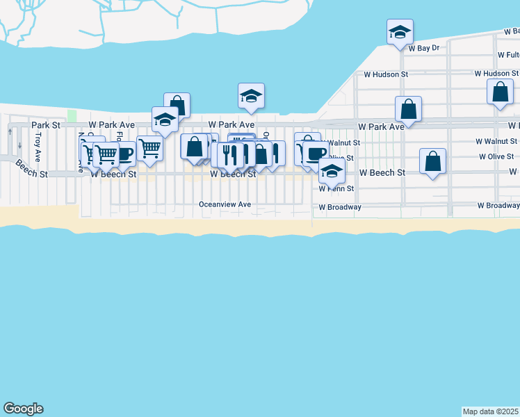 map of restaurants, bars, coffee shops, grocery stores, and more near 879 Boardwalk in Long Beach