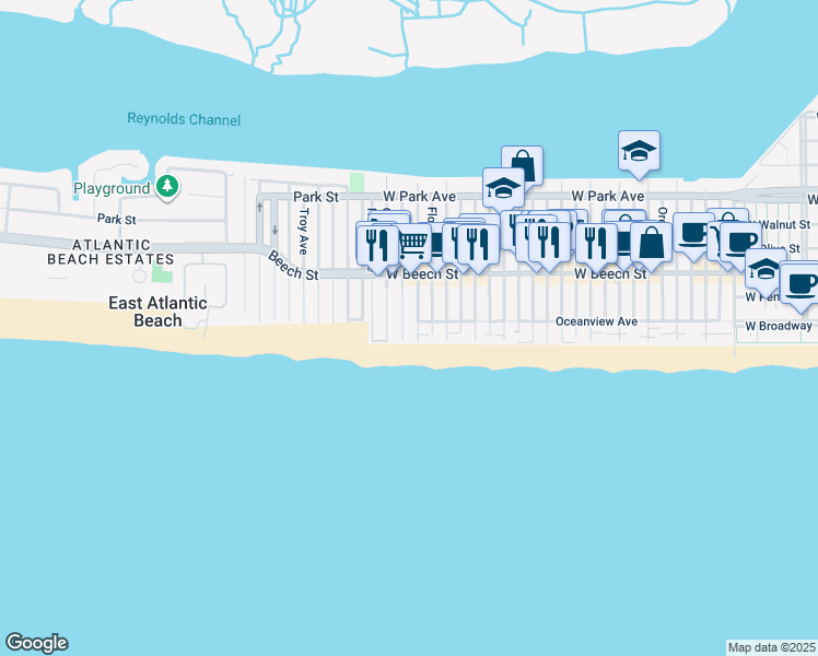 map of restaurants, bars, coffee shops, grocery stores, and more near 1089 Oceanfront in East Atlantic Beach