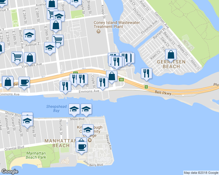 map of restaurants, bars, coffee shops, grocery stores, and more near 2860-2872 Brigham Street in Brooklyn