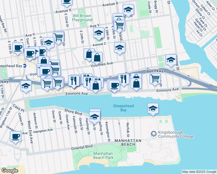 map of restaurants, bars, coffee shops, grocery stores, and more near 2601 Emmons Avenue in Brooklyn