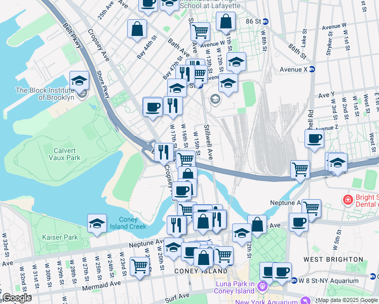map of restaurants, bars, coffee shops, grocery stores, and more near 2618 West 15th Street in Brooklyn