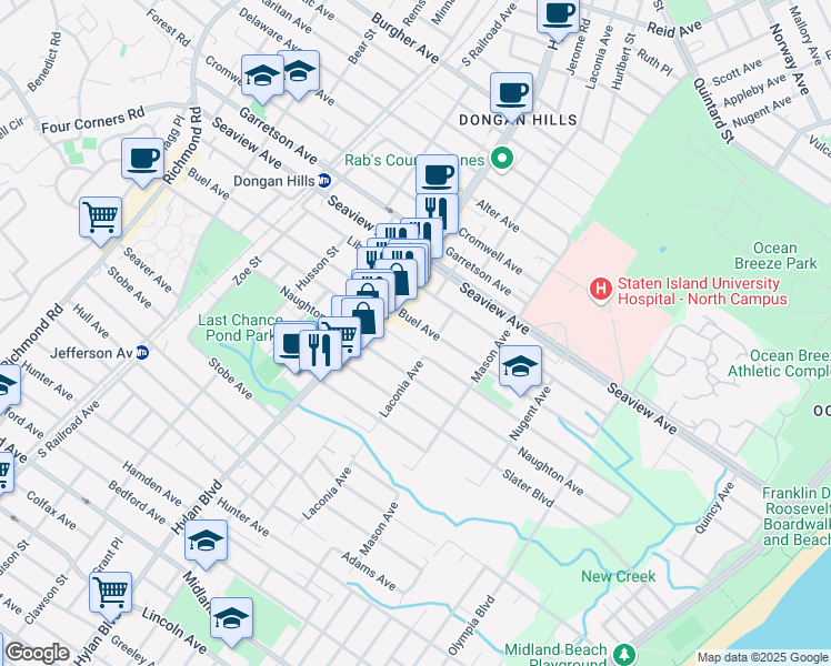 map of restaurants, bars, coffee shops, grocery stores, and more near 319 Dongan Hills Avenue in Staten Island