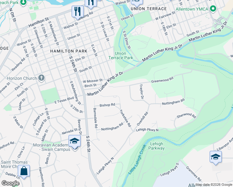 map of restaurants, bars, coffee shops, grocery stores, and more near 777 Yorkshire Road in Allentown