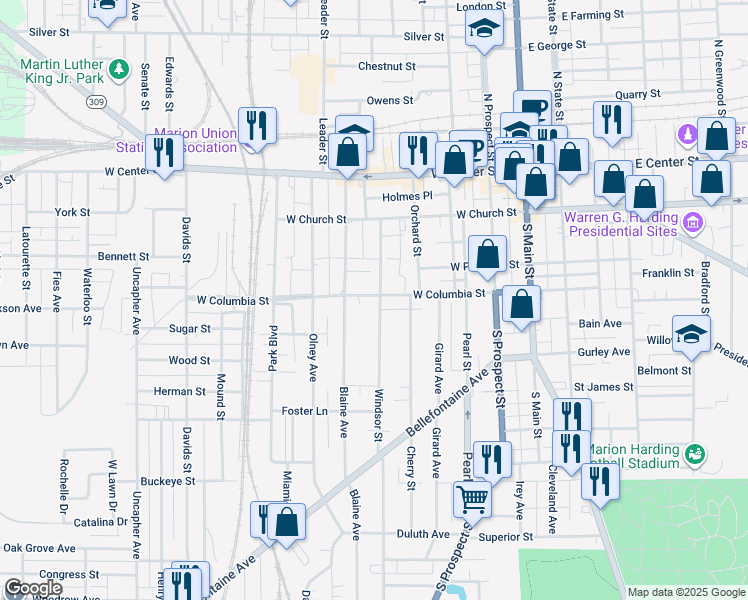map of restaurants, bars, coffee shops, grocery stores, and more near 320 Blaine Avenue in Marion