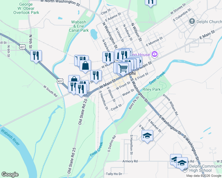 map of restaurants, bars, coffee shops, grocery stores, and more near 310 West Front Street in Delphi
