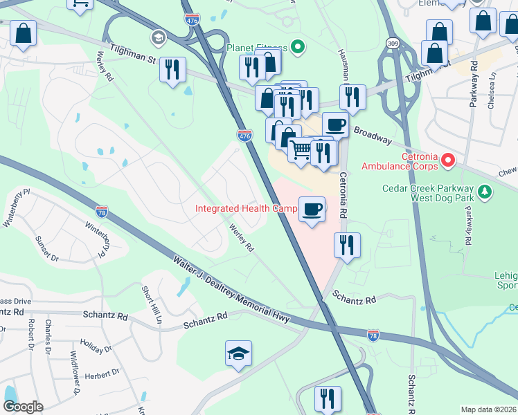 map of restaurants, bars, coffee shops, grocery stores, and more near 248 Milkweed Drive in Allentown