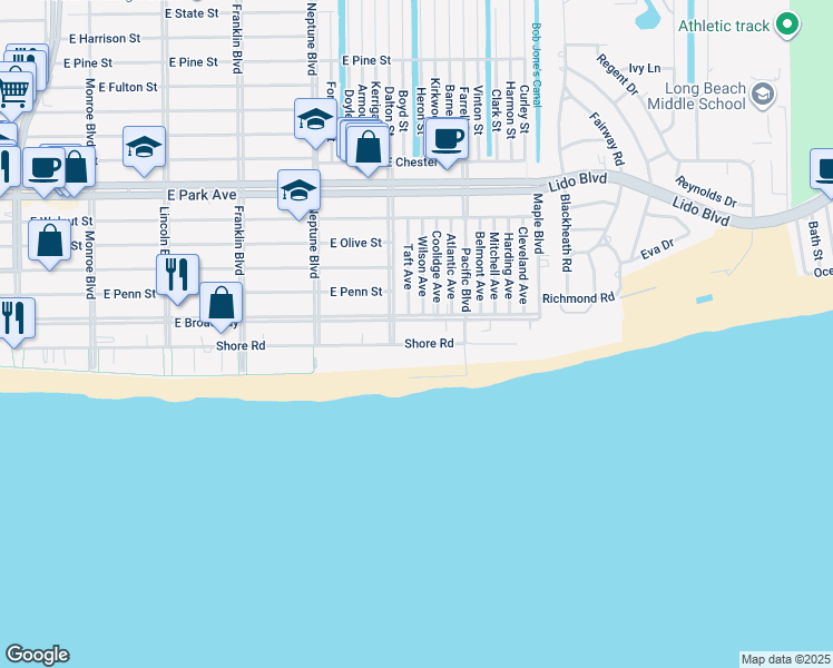 map of restaurants, bars, coffee shops, grocery stores, and more near 750 Shore Road in Long Beach