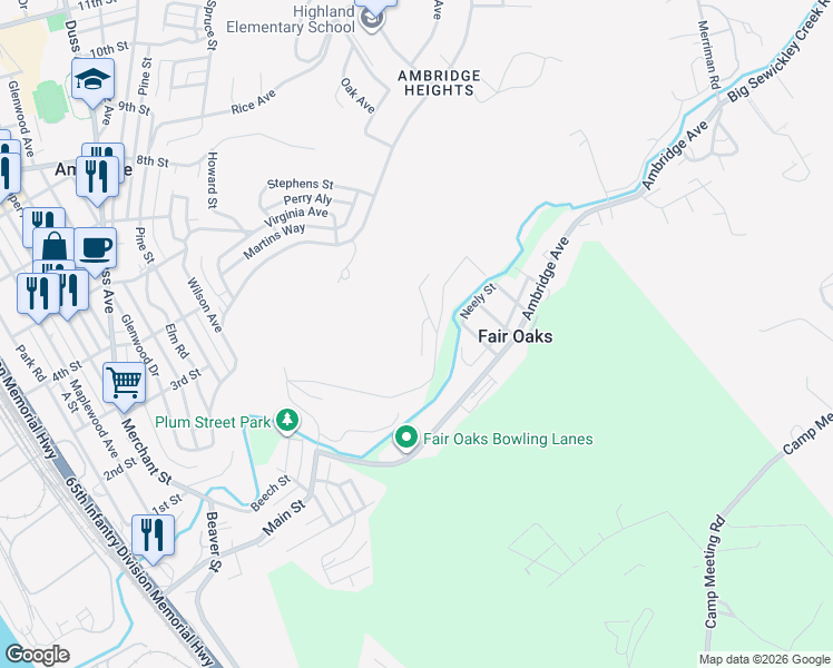 map of restaurants, bars, coffee shops, grocery stores, and more near 897 Valley Road in Ambridge