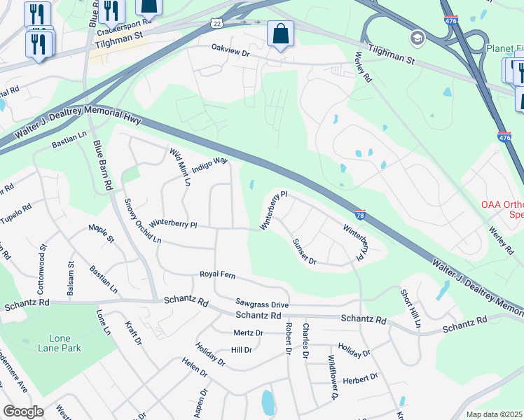 map of restaurants, bars, coffee shops, grocery stores, and more near 5912 Winterberry Place in Allentown