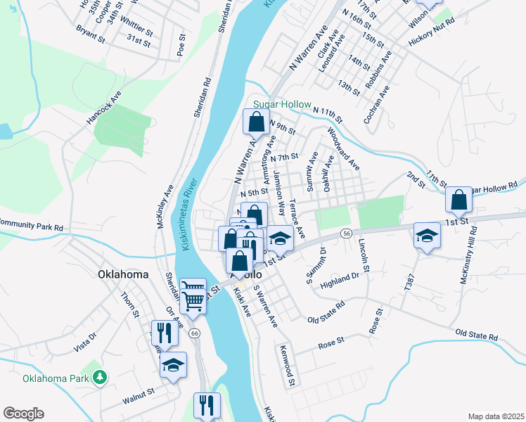 map of restaurants, bars, coffee shops, grocery stores, and more near 417 North 4th Street in Apollo