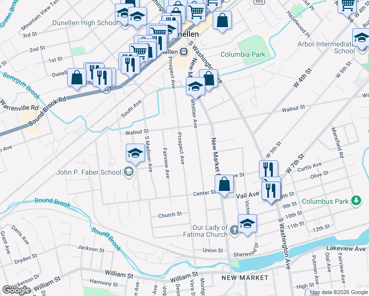 map of restaurants, bars, coffee shops, grocery stores, and more near 349 Prospect Avenue in Dunellen