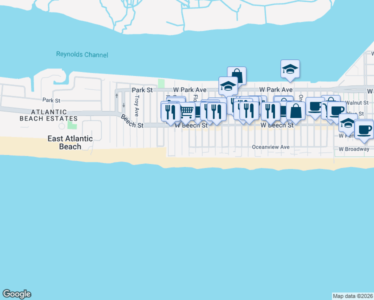 map of restaurants, bars, coffee shops, grocery stores, and more near 19 Connecticut Avenue in Long Beach