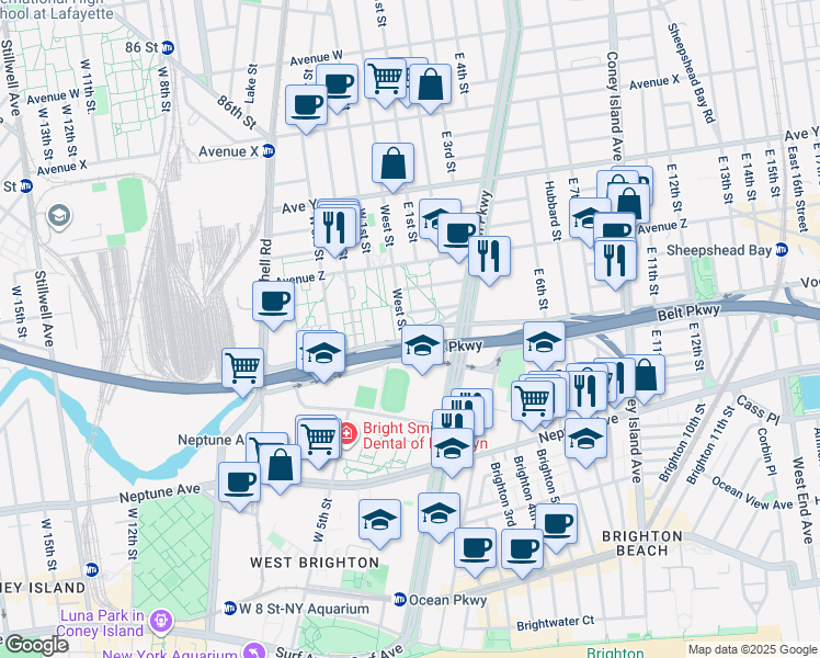map of restaurants, bars, coffee shops, grocery stores, and more near 2775 Shore Parkway in Brooklyn
