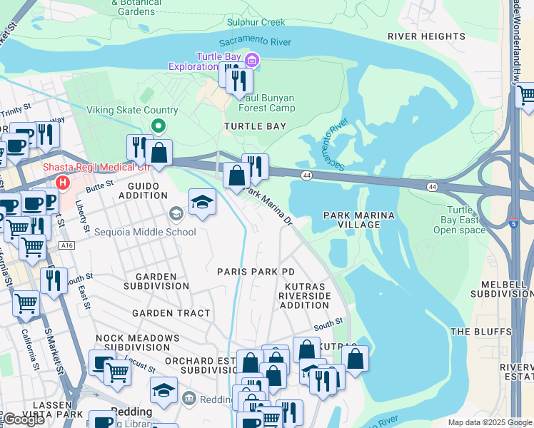 map of restaurants, bars, coffee shops, grocery stores, and more near 2016 Lazare Path in Redding